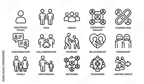 Icons depicting community, support, and relationship concepts