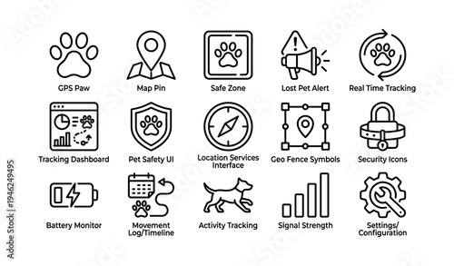 Pet safety and tracking interface icons for gps, security, and activity monitoring