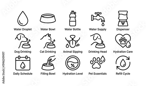 Water and hydration icons set featuring pets and daily essentials