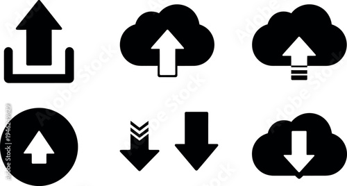 Collection of black and white directional arrows and cloud icons for various uses