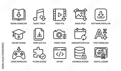 Icon set featuring digital downloads and online resources