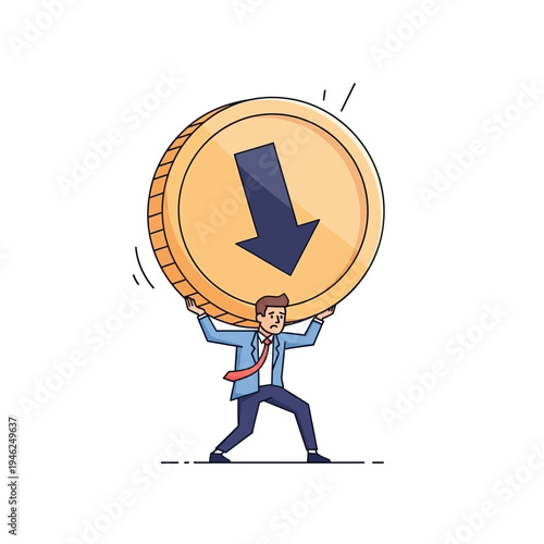 Businessman carrying heavy falling coin with downward arrow, financial crisis concept