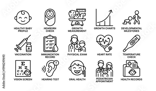 Icons depicting various pediatric health and development topics