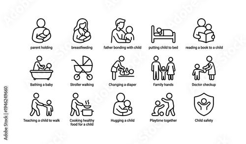 Childcare activities and parenting icons depicting family bonding and safety