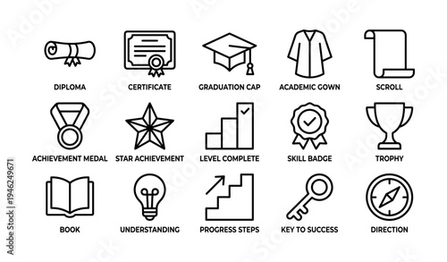 Education icons: diploma, certificate, graduation cap, academic gown, achievements
