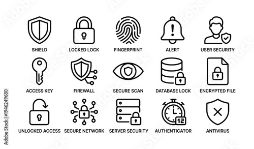 Cybersecurity icons set featuring lock, shield, fingerprint, and server security elements