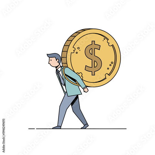 Businessman Carrying Large Gold Coin With Dollar Sign