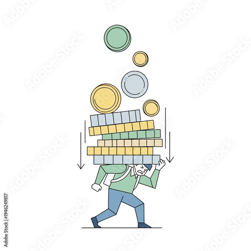 Man Carrying Heavy Stack of Coins Burdened by Financial Debt and Stress