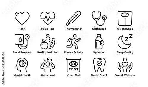Health and wellness icons: heart, pulse, nutrition, fitness, hydration, sleep, mental health