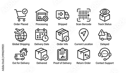 Shipping process icons: order, delivery, tracking, barcode, support