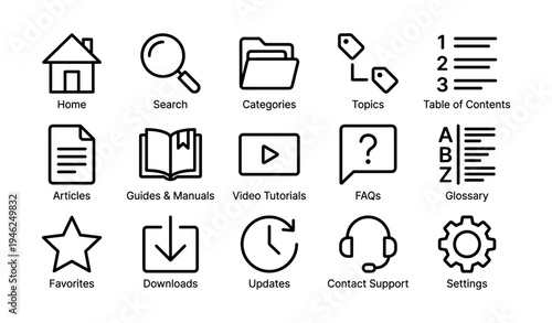 Set of black line icons representing online navigation and support tools