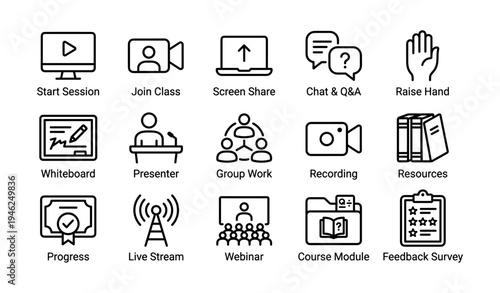 Online learning icons: classroom, screen, chat, whiteboard, webinar