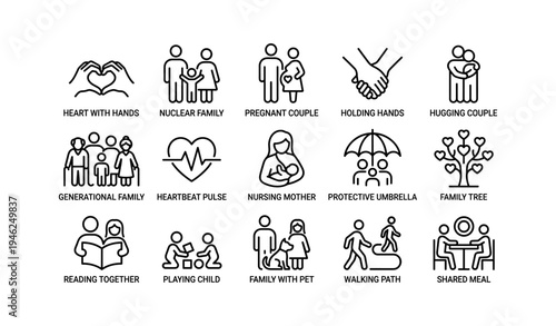 Family icons: heart, generational, pregnant, nursing, diverse activities