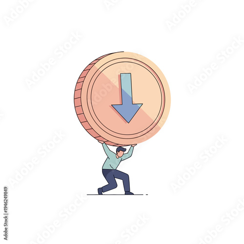 Man carrying large coin with down arrow symbol, representing financial loss
