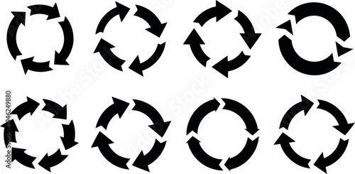 A set of eight black recycling symbols with arrows arranged in circular motion on a white background for reuse and recycle concepts
