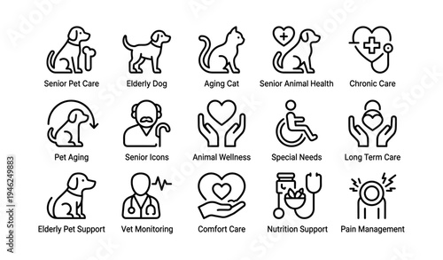 Pet care icons: senior animal health, chronic conditions, long term support