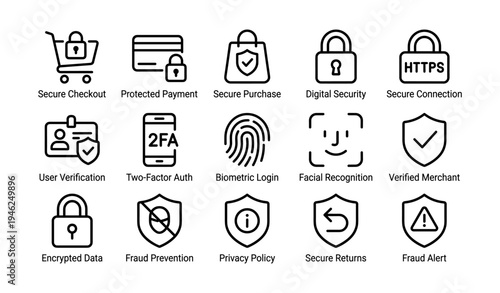 Secure checkout and digital security icon set for online safety