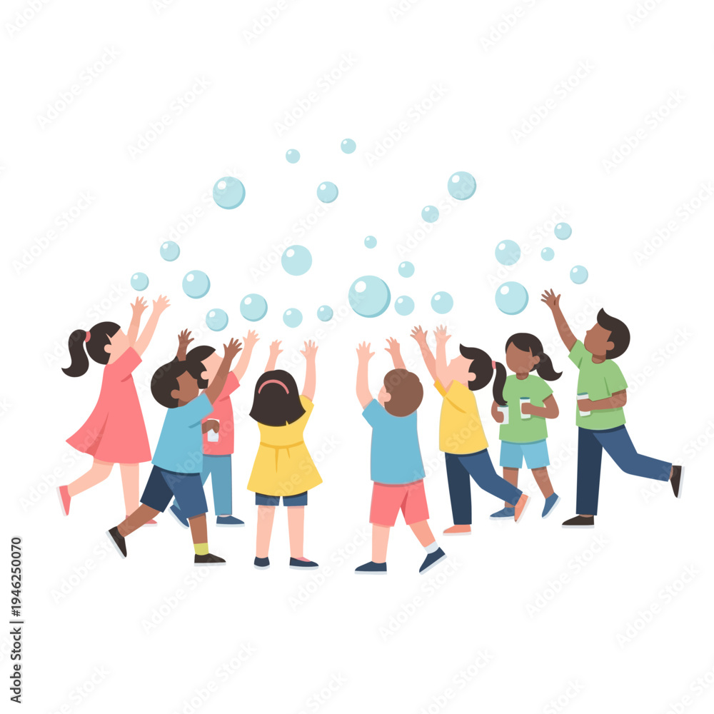Obraz premium Diverse Children Playing Together, Reaching for Bubbles in the Air