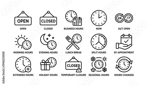 Business and service hours icons: open, closed, and seasonal timings