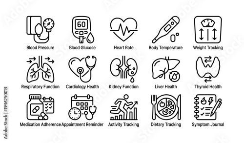 Health monitoring icons: blood pressure, heart rate, respiratory function, medication adherence