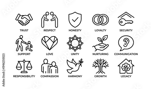 Symbols of trust, respect, honesty, and unity - key values icon set