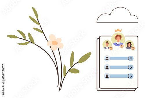 Gamification, user profiles, leaderboards, progress tracking, ranking systems, infographic design. Chart avatars and ranking levels next to stylized flower. Gamification and user profiles concept