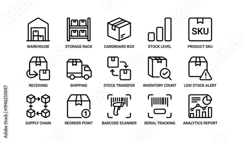 Warehouse management icons: storage, shipping, inventory, analytics