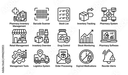Pharmacy inventory management icons for retail and software applications