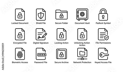 Security icons with locked document, shield, secure folder, biometric and network protection symbols