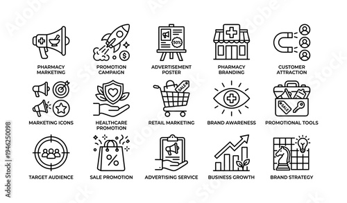 Marketing and branding icons for pharmacy and retail promotions