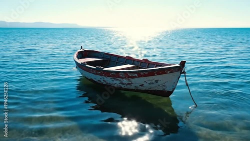 Wallpaper Mural Tranquil Wooden Boat Anchored on Calm Waters with Sun Reflections in the Ocean on a Bright Day Torontodigital.ca