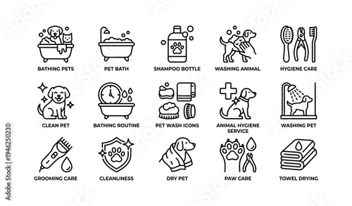 Pet care icons: bathing, grooming, hygiene, shampoo, towel, animals, cats, dogs