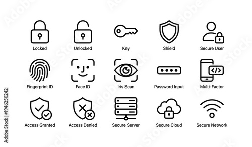 Digital security icons: lock, shield, biometric authentication, and secure connections
