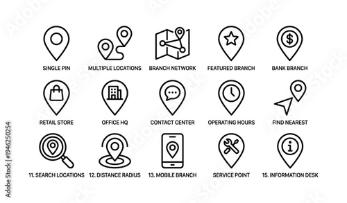Location icons set: branch network, retail, office, contact center, service