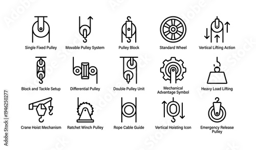 Mechanical pulley system icons - diagrams of pulleys, hoists, and gears