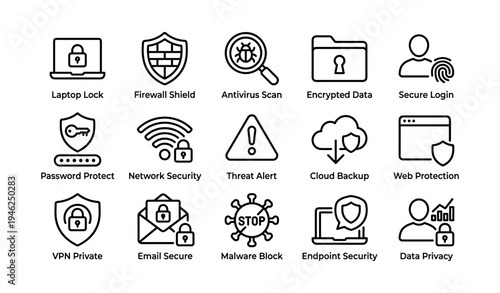 Security icons featuring laptop lock, firewall shield, antivirus, encrypted data, secure login