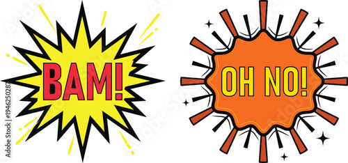 Bam Oh No Comic Book Explosion Bubbles - Pop Art Action Sound Effect Graphics for Design Cartoon Speech Balloons
