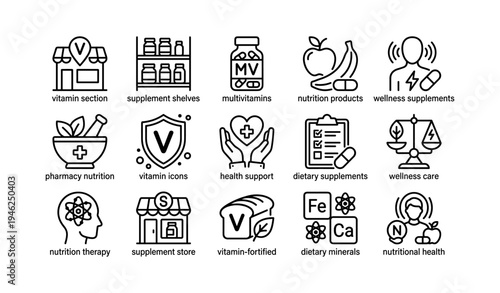 Vitamin and supplement icons: health support, nutrition products, wellness care, dietary minerals