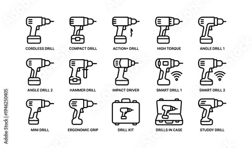 Collection of drill icons featuring cordless, compact, action, and smart variants