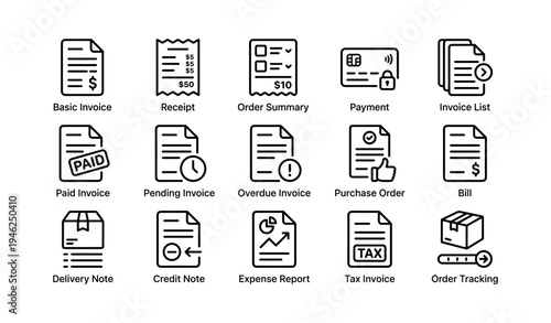 Invoice and payment icons set: basic, receipt, order, payment, delivery, credit, tax