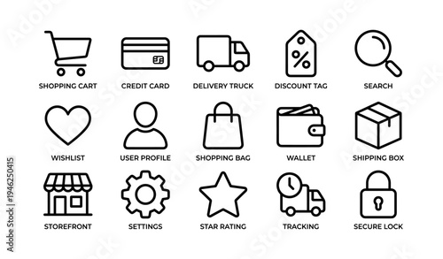 E-commerce icons: shopping, credit, delivery, discount, search