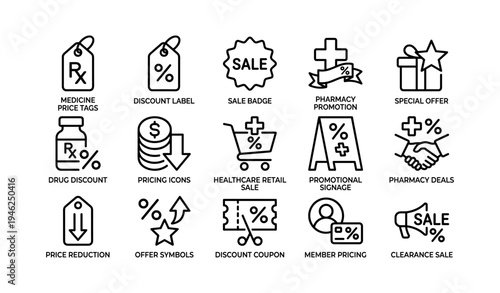 Pharmacy promotion icons: medicine, discount, sale, healthcare, promotion