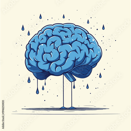 Brain Drain Conceptual Illustration. Crying brain with teardrops. , vector style simple color