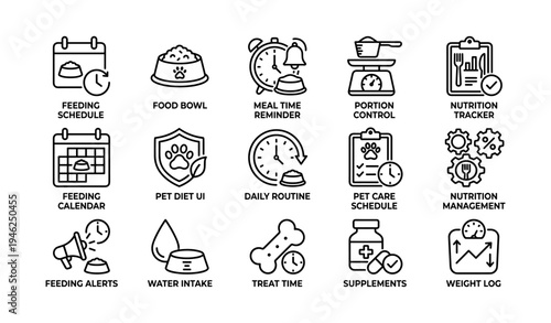 Pet care icons: feeding schedule, nutrition tracker, supplements, daily routine, portion control