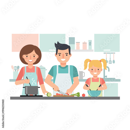 Family cooking together in kitchen, healthy lifestyle, home meal preparation