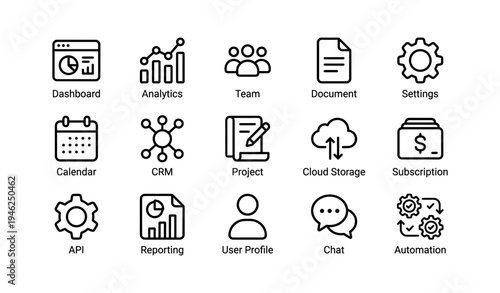 Business interface icons set: dashboard, analytics, team, document, settings, and more