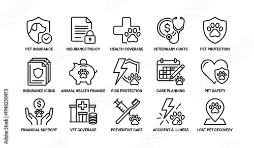 Pet insurance and health icons: coverage, veterinary, safety, protection, finance