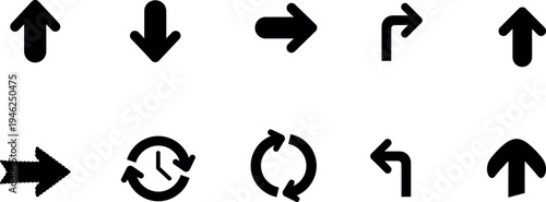 A collection of 10 black directional arrows on a white background for navigation and guidance