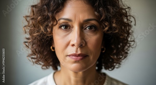 Intense and direct gaze of a mature woman with dark curly hair, capturing her thoughtful expression against a soft, subtle background