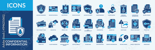 Confidential Information - Icon Collection. Thin Flat Blue Set contains such Icons as data privacy, private account, backup file and more. Simple web icons set